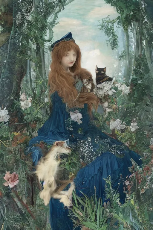 Prompt: An extremely beautiful pre-raphaelite portrait of a cute witch and her cat, surreal, ultradetailed, intricate, elegant, detailed, digital painting, artstation, concept art, smooth, sharp focus, illustration, regal, award winning picture, extremely detailed masterpiece, sense of awe, featured on artstation, Artgerm, effervescent punk kawaii-noir pastel bubbles, winning award piece, ethereal rainbows, Aetherpunk, Exquisite details