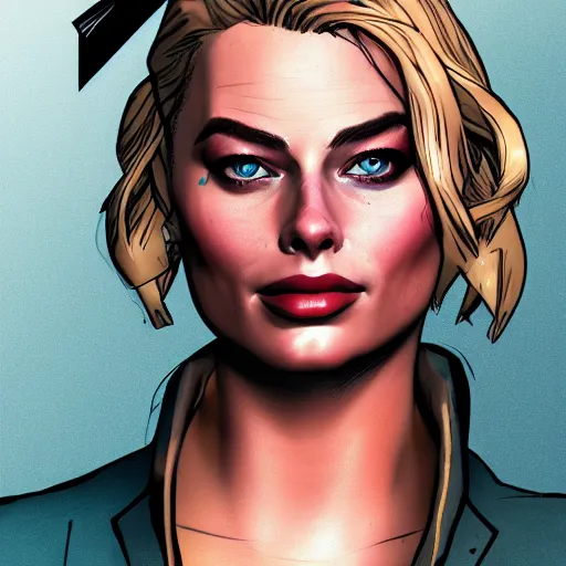 Image similar to margot robbie portrait, borderlands, tales from the borderlands, the wolf among us, comic, cinematic lighting, studio quality, 8 k