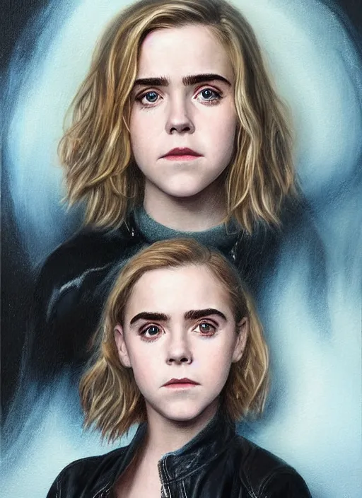 Image similar to portrait of kiernan shipka in heavy rain wearing a leather jacket, wet hair, hyperrealistic, very detailed painting mark brooks and glenn fabry and joao rua