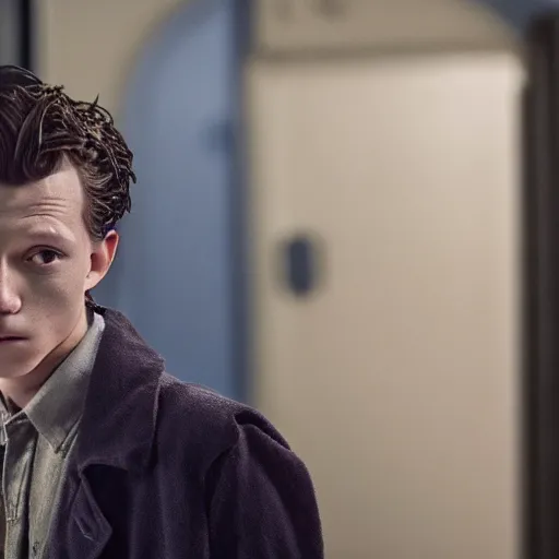 Image similar to tom holland as a rough dirty old man with a scruffy beard in a dark blue trenchcoat as the new doctor who, cinematic, volumetric lighting, f 8 aperture, cinematic eastman 5 3 8 4 film, photorealistic