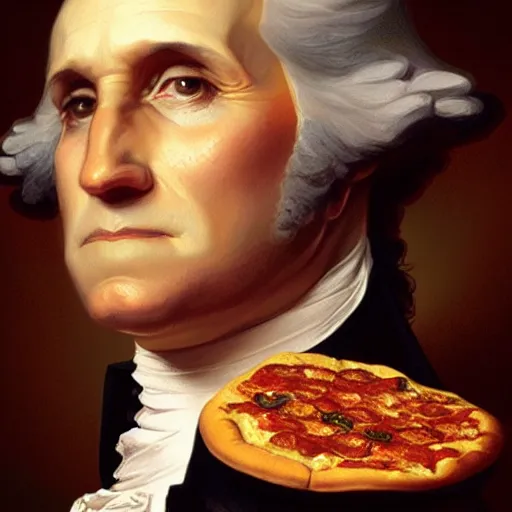 Prompt: portrait of George Washington opening his mouth to eat pizza, highly detailed, digital painting, artstation, concept art, sharp focus, illustration, art by artgerm and greg rutkowski and alphonse mucha