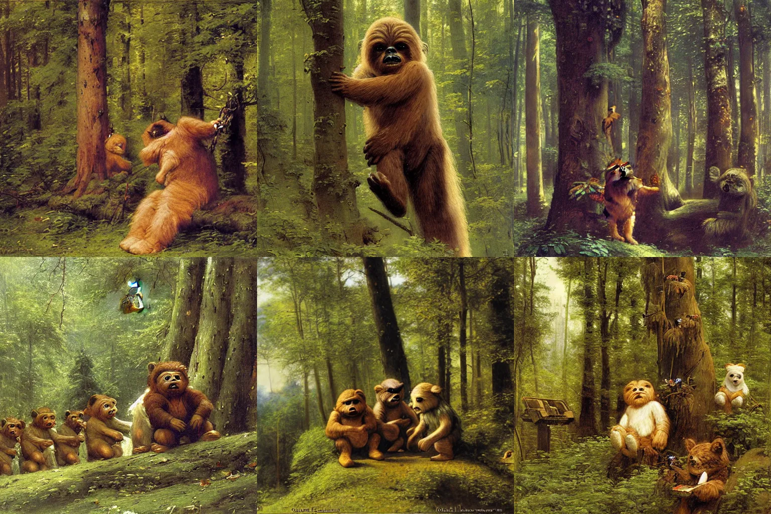 Prompt: forest moon of endor, happy ewoks, by Eugene de Blaas