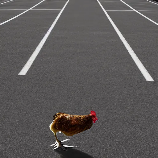 Prompt: a chicken walking on a mobius strip motorway, black alphlat, 4k, award winning photography, superrealistic