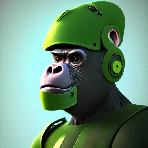 Prompt: stylized character portrait, of a cyborg chimpanzee super soldier with a green visor, artstation, octane engine, professional art