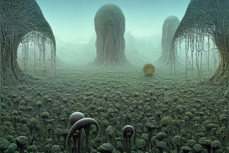 Image similar to a surreal and awe - inspiring science fiction landscape, alien plants and animals, intricate, elegant, highly detailed matte painting by beksinski and simon stalenhag