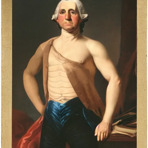 Prompt: a photo of a muscular, shirtless, george washington. professional photo shoot, 8 5 mm lens, f 1. 8.