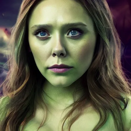 Image similar to Photorealistic art of Elizabeth Olsen as the hulk, full body, action shot, high definition, cinematic, realistic