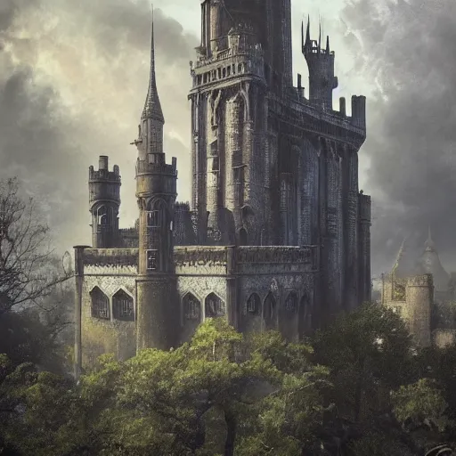 Image similar to a lonely and impossibly tall ominous gothic dark citadel tower of the evil patriarch, battlements, castle wall, portcullis, in a river elevated high above the city, flintlock fantasy capital city, scary gothic architecture, ultrawide lense, aerial photography, unreal engine, exquisite detail, 8 k, art by greg rutkowski and alphonse mucha