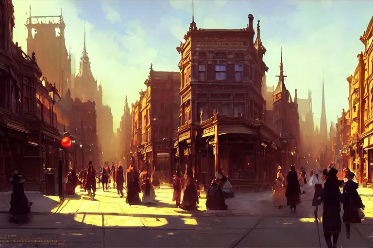 Image similar to an victorian city, scene in the sun. 1 8 9 0, key visual, conceptart, ambient lighting, highly detailed, digital painting, artstation, concept art, sharp focus, by makoto shinkai and akihiko yoshida and greg manchess