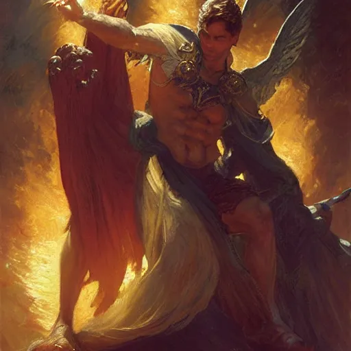 Image similar to attractive male deity casts light spell, summons attractive male lucifer morningstar. highly detailed painting by gaston bussiere, craig mullins, j. c. leyendecker 8 k