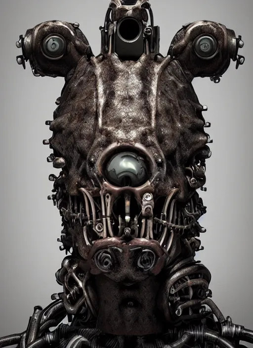 Prompt: a close up of a creepy looking biomechanical animal head face portrait, gigeresque cyberpunk art by ikuo hirayama, photorealism, octane render, behance hd, polycount