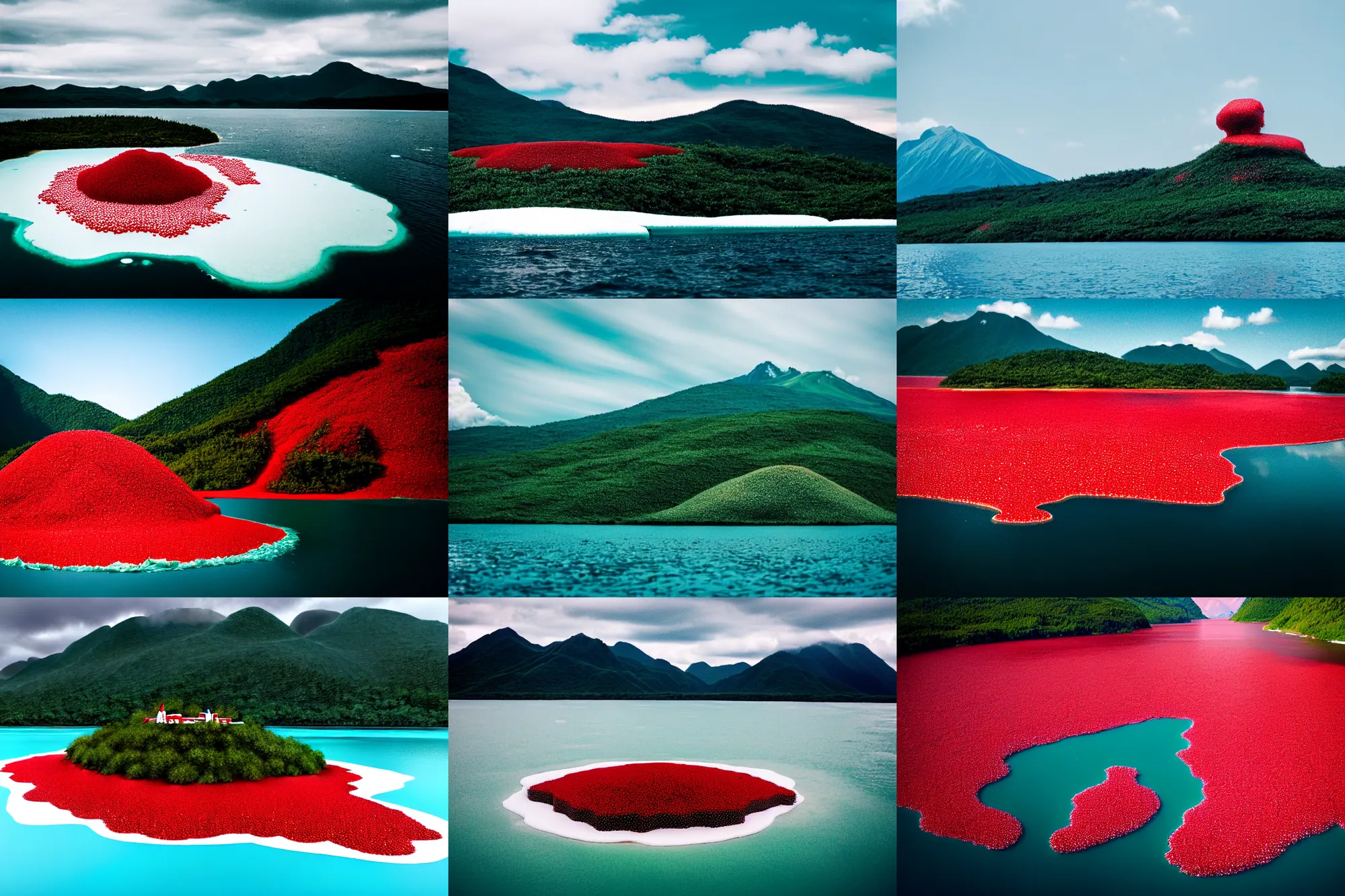 Prompt: an island made of red caviar, in the center of the island of caviar there are mountains made of white ice cream, the water around this island is made of coca - cola ( dark brown water ), the photo was taken from a boat, without green grass, 3 5 mm, cinematic