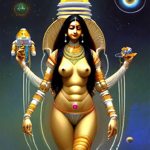 Image similar to Futuristic laxmi Indian Goddess in a robot spacesuit, sci-fi, fantasy, intricate, beautiful, elegant, attractive, indian goddess of wealth, highly detailed, digital painting, artstation, masterpiece, concept art, smooth, sharp focus, art by artgerm, hajime sorayama, William-Adolphe Bouguereau and greg rutkowski