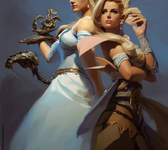 Image similar to greg manchess portrait painting of beautiful, princess d & d, fantasy, medium shot, asymmetrical, intricate, elegant, matte painting, illustration, hearthstone, by greg rutkowski, by greg tocchini, by james gilleard, by joe fenton, dynamic lighting, gradient light blue, brown, blonde cream and white color scheme, grunge aesthetic