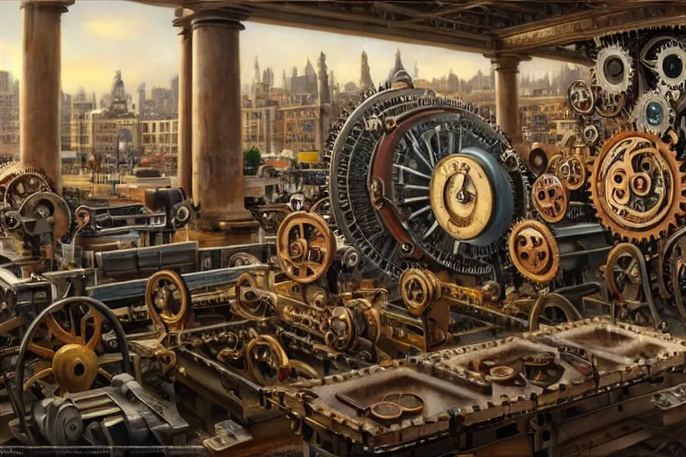 Image similar to ( ( a beautiful 8 k photorealistic masterpiece oil painting ) ( of ( a lot of detailed cogs and complex machinery while tons of people on the background ) ) ) ( hyperrealism ) ( 1 6 k ) ( trending on artstation )