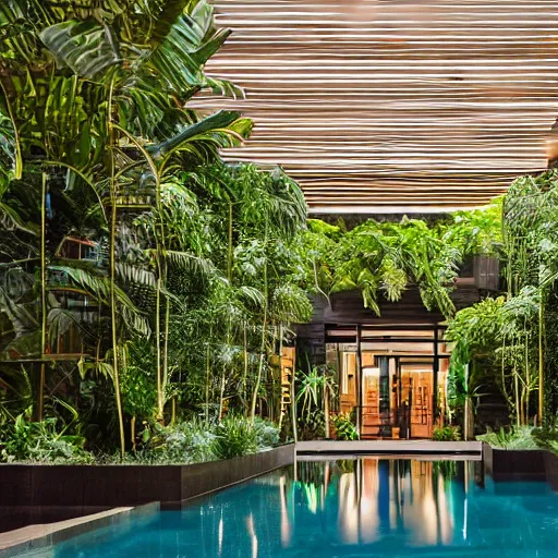 Prompt: The atrium of a refurbished contemporary building filled with tropical plants and lush swimming pool, project by Kengo Kuma, blue hour, 4k