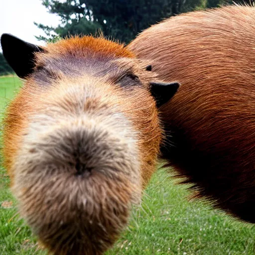 Prompt: a giant capybara kissing donald trump, photograph