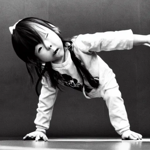 Image similar to a still photo of a young japanese girl breakdancing