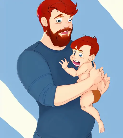 Image similar to a father with short red hair, a short red beard and blue eyes and a slightly chubby face hold his infant son with short brown hair full color digital illustration in the style of don bluth, artgerm, artstation trending, 4 k