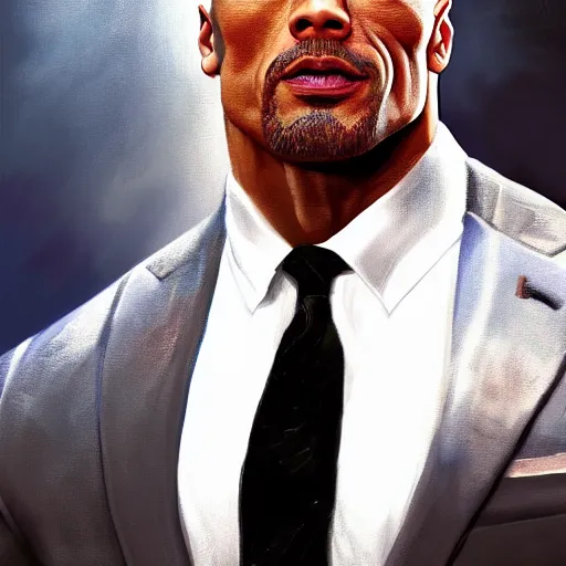 Prompt: an oil painting of dwayne johnson wearing wearing a fancy elegant suit, by artgerm, hd, hdr, ue 5, ue 6, unreal engine 5, realistic anime 3 d style, cinematic 4 k wallpaper, 8 k, ultra detailed, gta cover art, high resolution, artstation, award winning