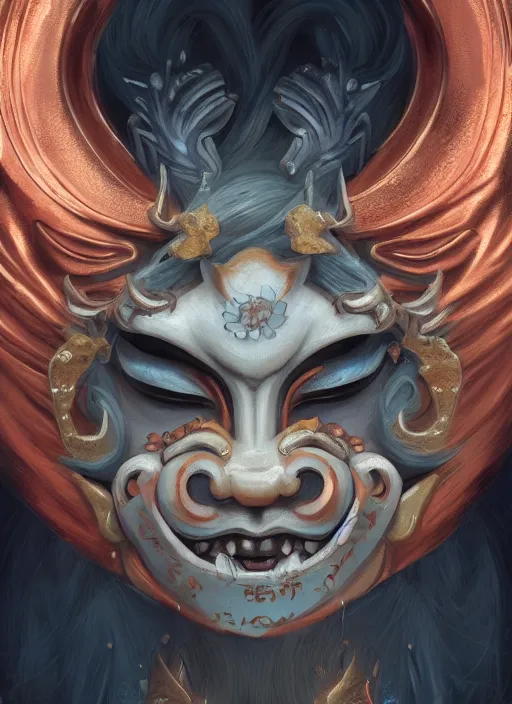 Prompt: a beautiful detailed oil on copper art illustration of a japanese oni kitsune samurai mask devil woman, the mask is broken, centered, by charlie bowater, zeng fanzh, trending on artstation, dim dusk lighting, cinematic lighting, detailed lighting, volumetric lighting, realistic, f 8, 4 k hd wallpaper