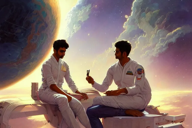 Image similar to Sensual good looking pale young Indian doctors wearing jeans in a space station above Earth, portrait, elegant, intricate, digital painting, artstation, concept art, smooth, sharp focus, illustration, art by artgerm and greg rutkowski and alphonse mucha