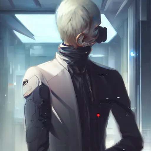 Image similar to lorne malvo is a cyborg, cyberpunk, biopunk, augmented, drawn by krenz cushart