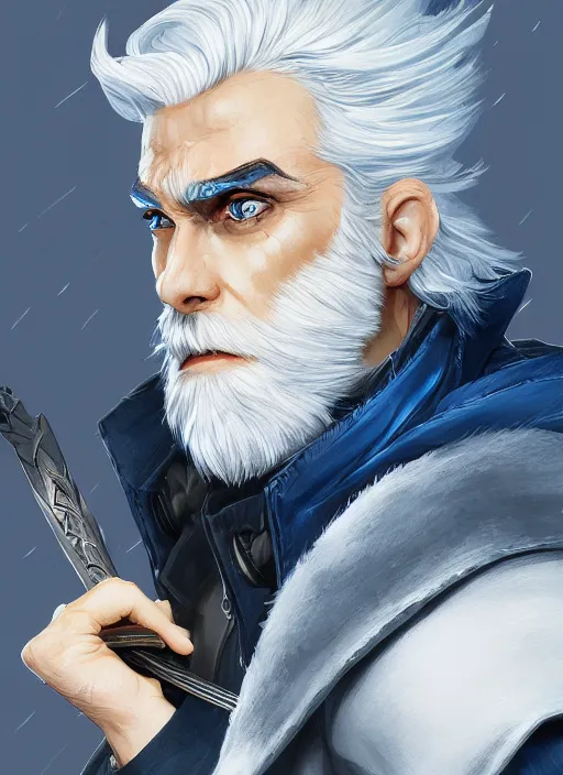 Prompt: a highly detailed illustration of young short slick back white haired man wearing dark blue coat, bright blue eyes, dramatic wielding katana pose, intricate, elegant, highly detailed, centered, digital painting, artstation, concept art, smooth, sharp focus, league of legends concept art, wlop