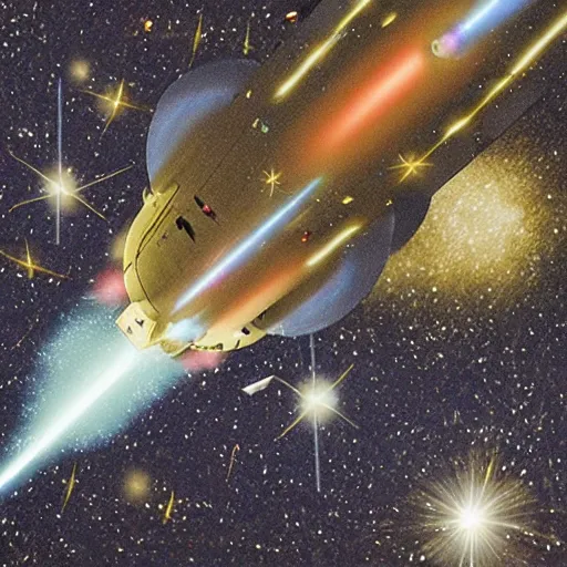 Image similar to A Portuguese rocket-powered caravel soaring through outer space, with stars and galaxies in the background