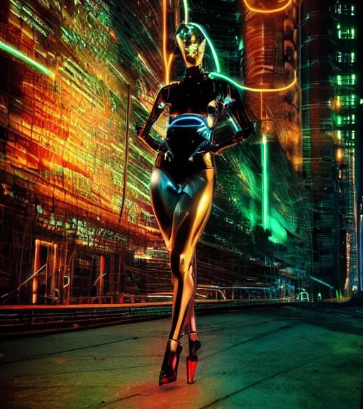 Image similar to portrait_photo_of_a_stunningly beautiful cybernetic maiden with neon light and a futuristic city at night behind her, 19th century, hyper detailed by Annie Leibovitz, Steve McCurry, David Lazar, Jimmy Nelsson, professional photography