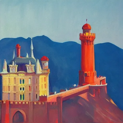 Image similar to street art. paralyzed by the indescribable beauty of the cosmos. amazing view of the palacio da pena. art style by edward hopper daring, incredible