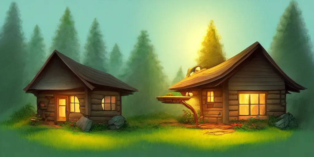 Prompt: a cozy little house in the woods, relaxing, concept art by scott zenteno