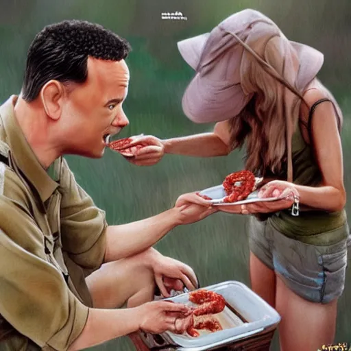 Image similar to tom hanks as forrest gump has shrimps instead of hands, photorealistic, cgsociety, artstation