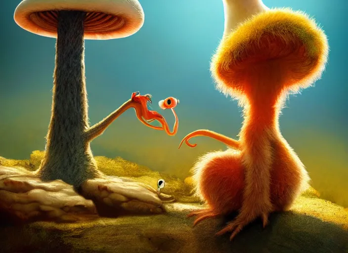 Image similar to a cute dr seuss creature sitting next to a mushroom, golden hour, fantasy, sharp focus, digital art, hyper realistic, 4 k, unreal engine, highly detailed, hd, dramatic lighting by brom, trending on artstation