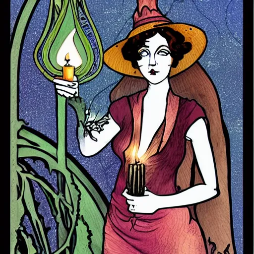 Prompt: art nouveau witch with candle