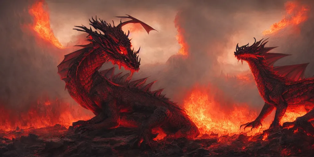 Image similar to a dragon born on the flames, post - war scenery, red - toned mist, epic environment, skeletons, ultra wide angle, 8 k, ultra _ realistic, art by nills ham and alan lee