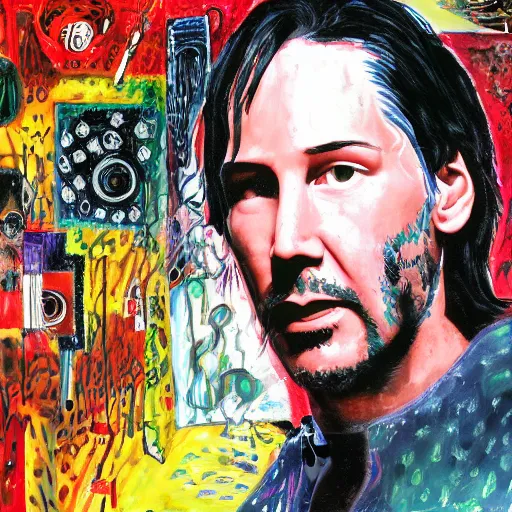 Image similar to portrait of keanu reeves in the style of roberto matta