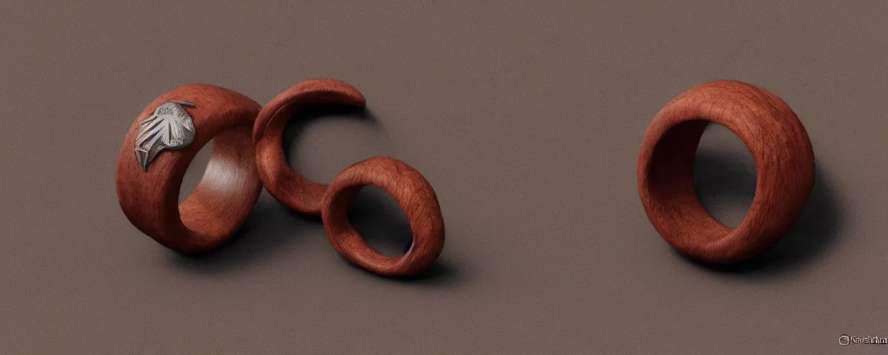 Image similar to simple wooden ring with a leather ornament, ring, wood, leather, smooth shank, engravings, product design, jewelry, art by gerald brom, greg rutkowski and artgerm and james jean and zdzisław beksinski, 8 k, unreal engine, c 4 d