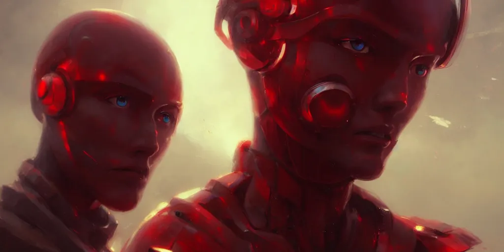 Image similar to beautiful ai robot realistic portrait of anime character, detailed eyes, manly face, crimson red aura, digital fantasy, art by greg rutkowski, aesthetic in 8 k