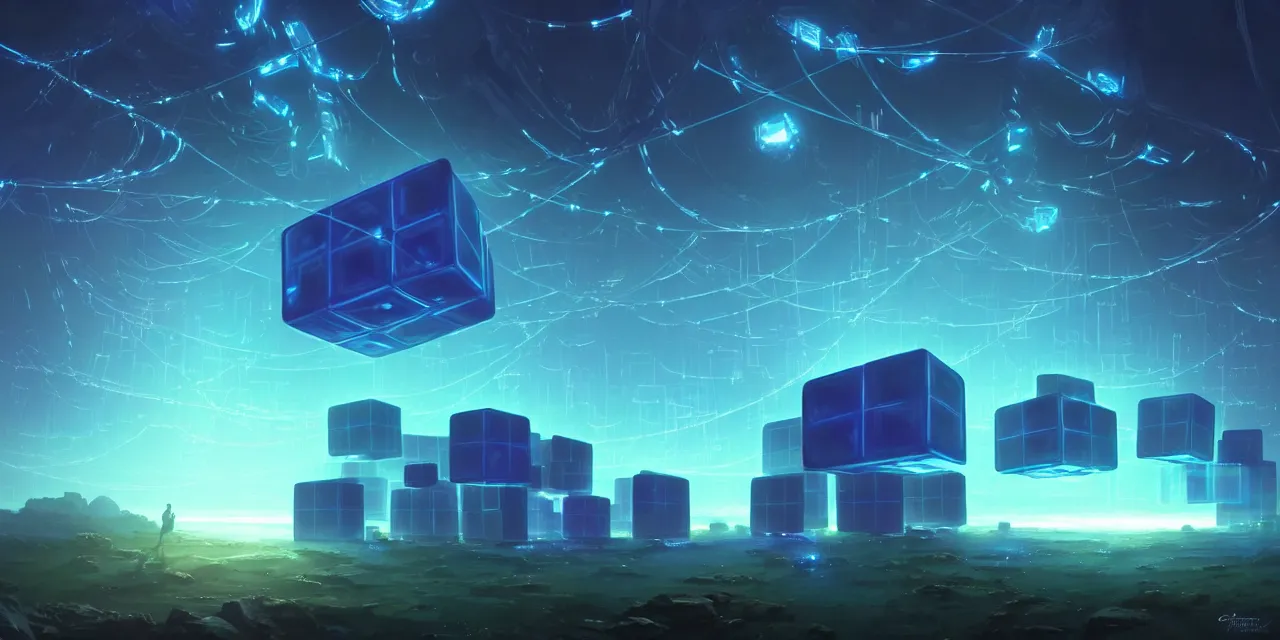 Prompt: a fleet of giant glowing futuristic cubes tied to each other with lots of glowing chains in the sky, thick glowing chains, light rays bouncing between cubes, a fantasy magical landscape seen in the distance, atmospheric lighting, intricate, volumetric lighting, beautiful, sharp focus, ultra detailed, in the art style of marc simonetti, bowater charlie and brom gerald, astrophotography