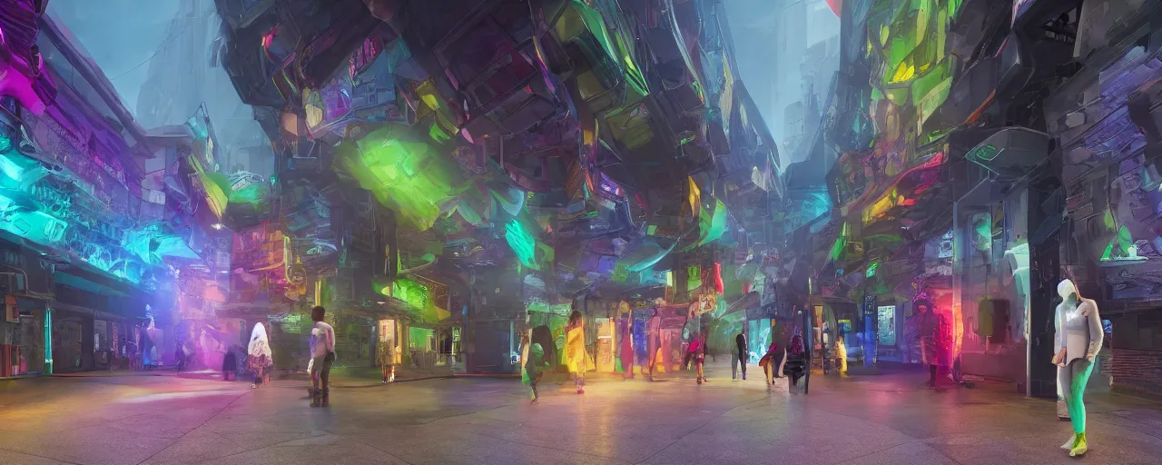 Image similar to A colorful science fiction neigbourhood, in the future. The walls change colour and shape depending on the clothing of the people walking in front of them, epic lighting, 8K, volumetric light, lightrays, 35mm, urban, hyperrealistic, insanely detailed, atmospheric