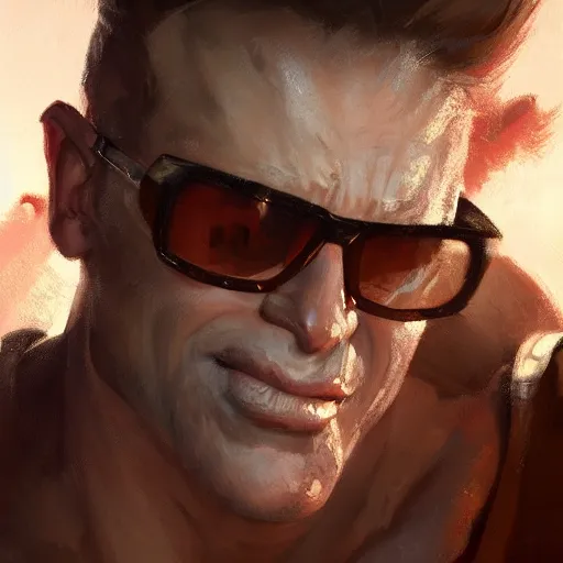 Image similar to a close up portrait of duke nukem, painted by greg rutkowski, digital art, trending on artstation