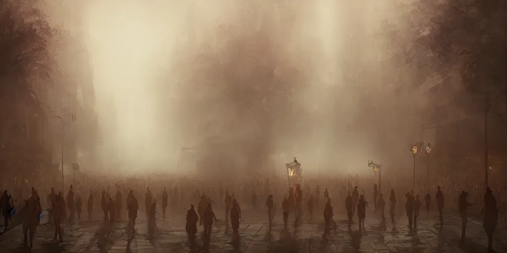 Prompt: a thick swirling fog during a parade, soft lighting, night, unreal engine, digital art, 8 k, oil painting, fantasy art, illustration, detailed and intricate environment