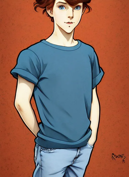 Image similar to art nouveau portrait of a teen boy with completely straight auburn hair, light blue eyes, pale skin, freckles, sad expression, t - shirt, modern casual clothing, natural lighting, path traced, highly detailed, high quality, cartoon, digital painting, by don bluth and ross tran and studio ghibli and alphonse mucha