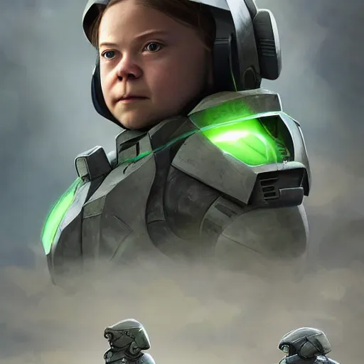 Image similar to Greta Thunberg as master chief, digital art, artstation, concept art, sharp focus, 4k, high detail