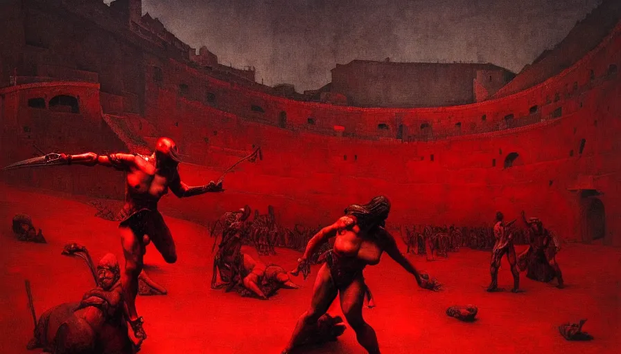 Image similar to only with red, a lightly armored gladiator in a crowded roman amphitheatre, crowd cheering, in the style of beksinski and edward hopper and rodcenko and yue minjun and artgerm, intricate and epic composition, red by caravaggio, highly detailed, masterpiece, red light, artstation, art nouveau