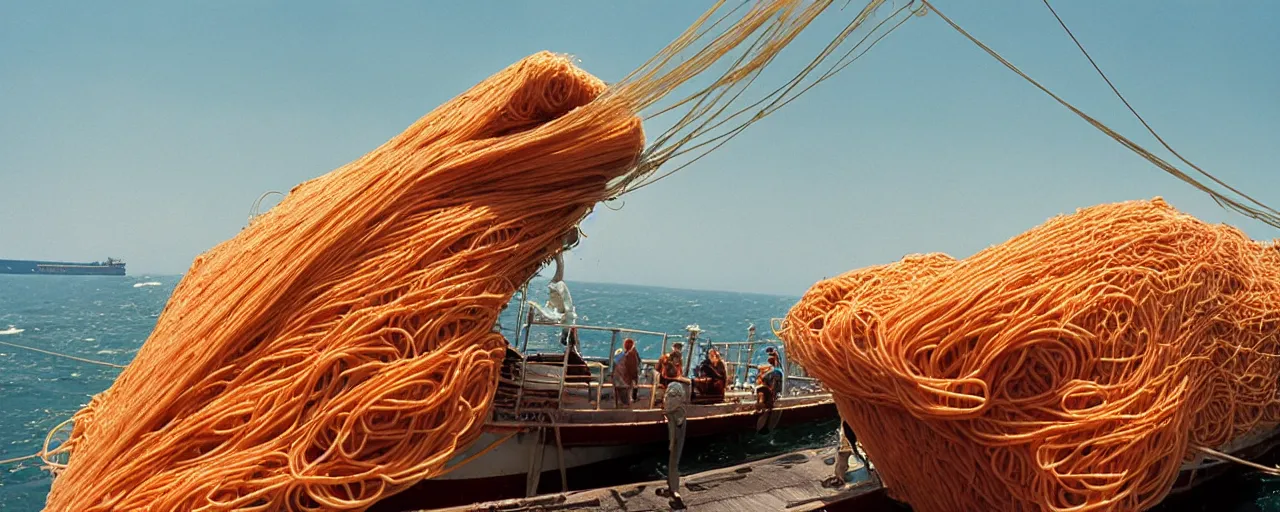 Image similar to a ship carrying a load of spaghetti across the ocean, national geographic, detailed, canon 2 0 mm, wes anderson, kodachrome