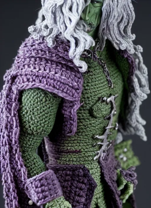 Image similar to crochet of drizzt do'urden, very detailed, complex, intricate, different colors, high quality, Sigma 50mm f/1.4