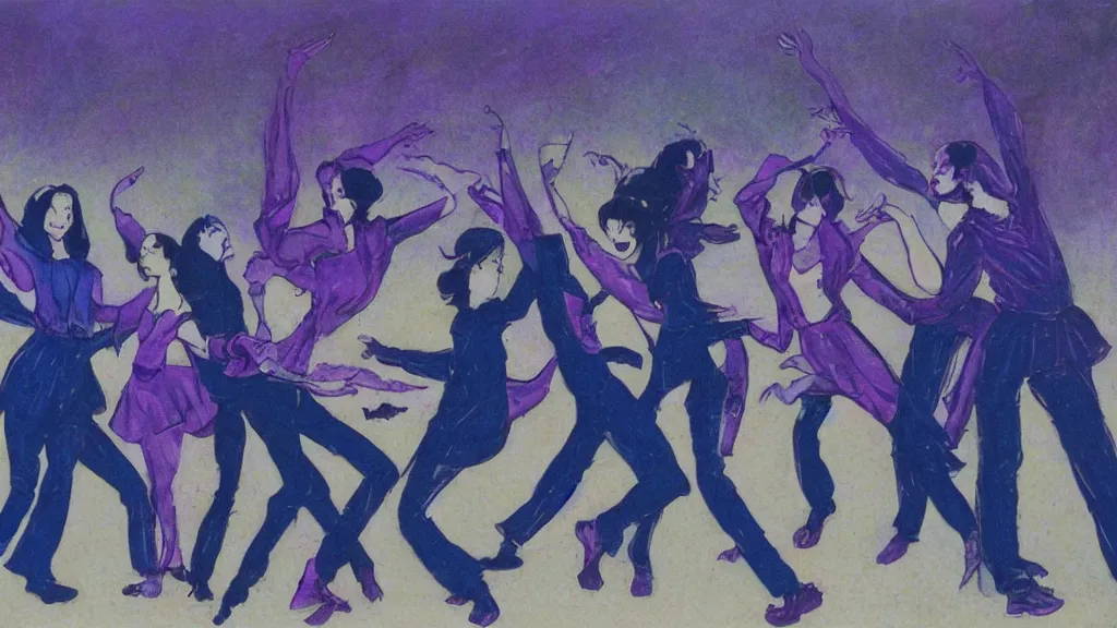 Prompt: a group of 5 people people seen from the front dancing together, dark blue and intense purple color palette, in the style of amano yoshitaka