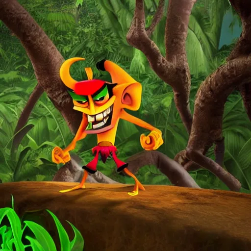 Prompt: aku - aku from crash bandicoot saga, jungle safari photography